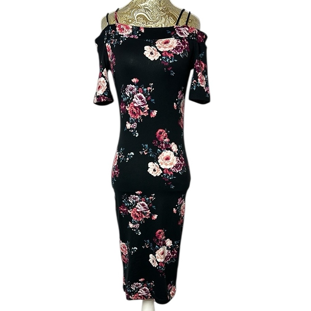 Stretchy Black Floral Off Shoulder Dress Bodycon Midi Short Sleeve Size Small